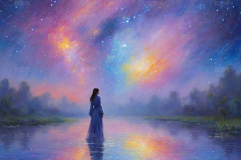 梦幻星空下的女孩背影梵高风格的星光插画