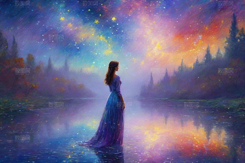 梦幻星空下的女孩背影梵高风格的星光插画