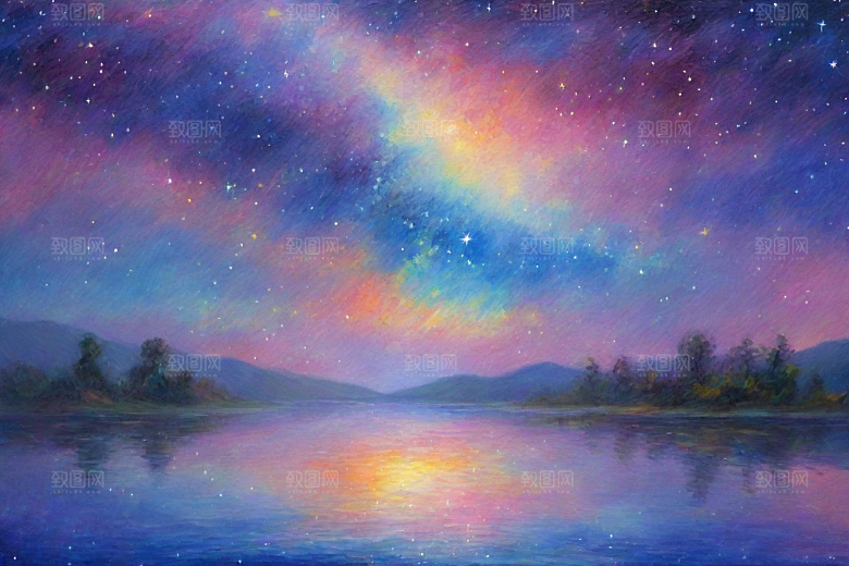 梦幻星空下的女孩背影梵高风格的星光插画