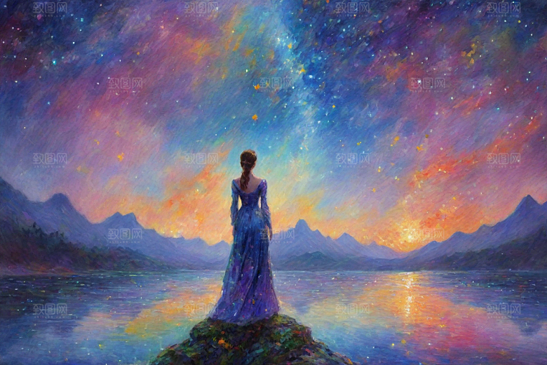 梦幻星空下的女孩背影梵高风格的星光插画