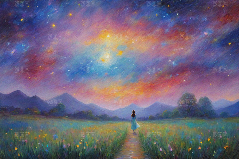 梦幻星空下的女孩背影梵高风格的星光插画