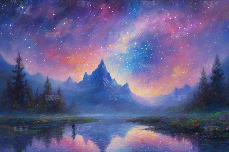 梦幻星空下的女孩背影梵高风格的星光插画