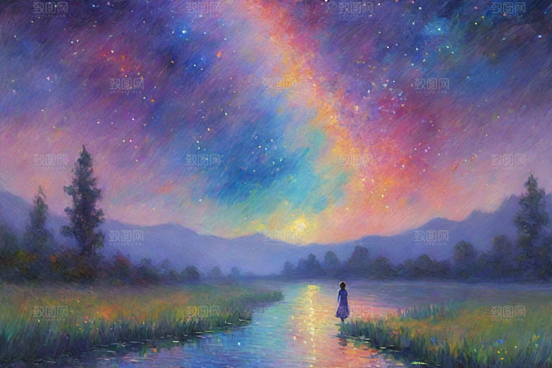梦幻星空下的女孩背影梵高风格的星光插画