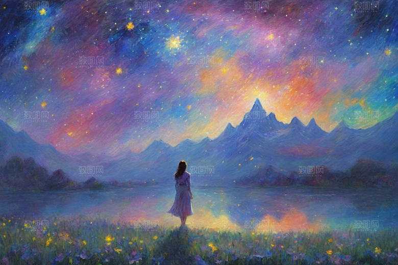 星空女孩的背影梵高风格的星光插画艺术