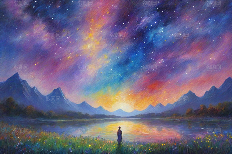 星空女孩的背影梵高风格的星光插画艺术