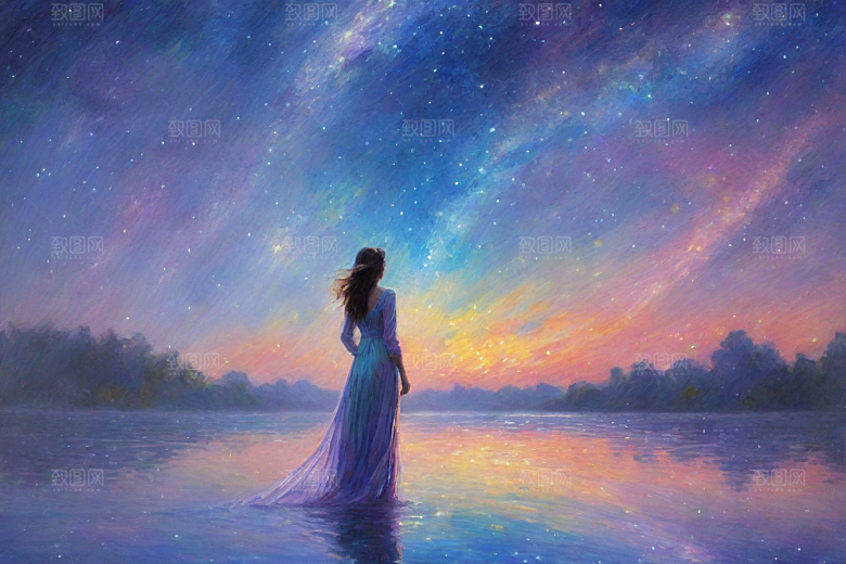 星空女孩的背影梵高风格的星光插画艺术