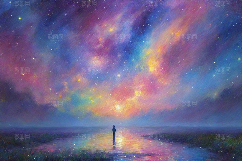 星空女孩的背影梵高风格的星光插画艺术