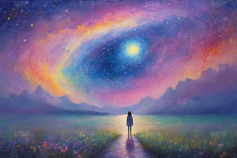 星空女孩的背影梵高风格的星光插画艺术