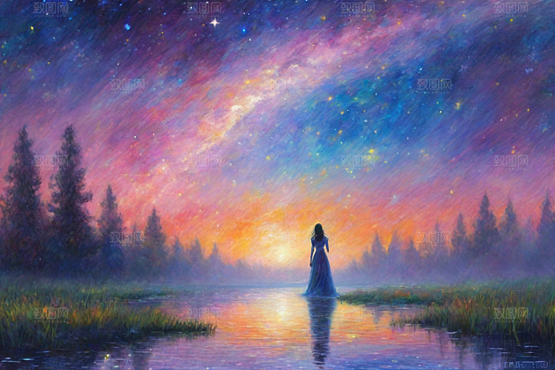 星空女孩的背影梵高风格的星光插画艺术