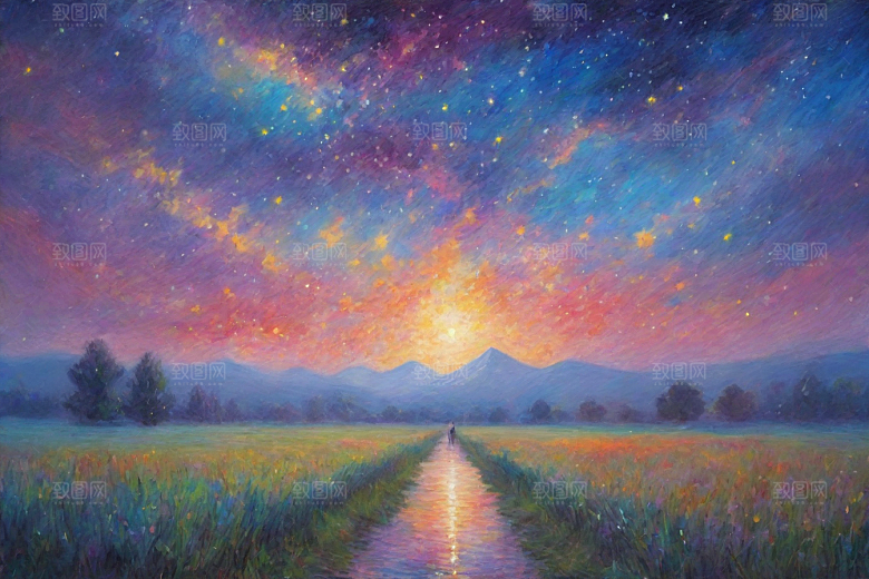 星空女孩的背影梵高风格的星光插画艺术