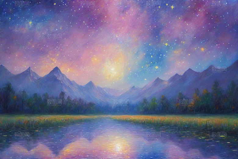 星空女孩的背影梵高风格的星光插画艺术