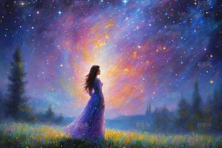 星空女孩的背影梵高风格的星光插画艺术
