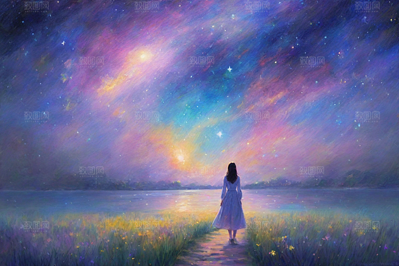 星空女孩的背影梵高风格的星光插画艺术