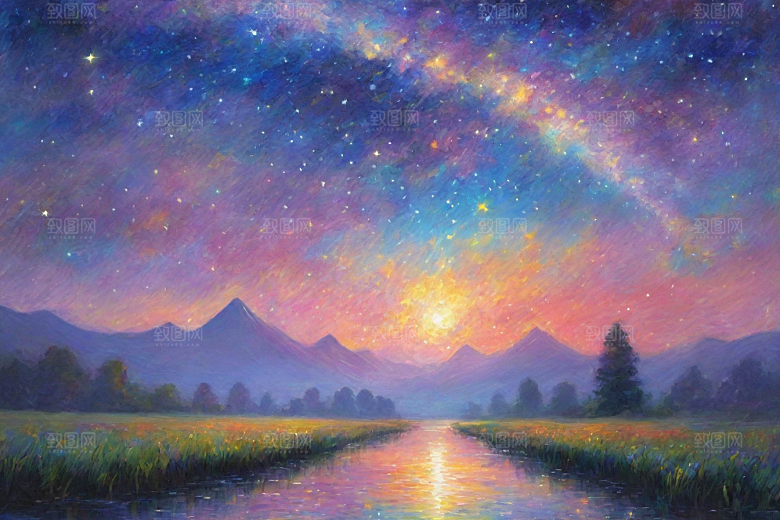 星空女孩的背影梵高风格的星光插画艺术