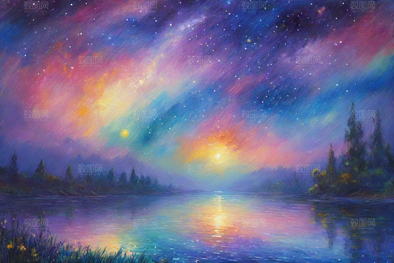 星空女孩的背影梵高风格的星光插画艺术