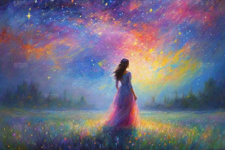 星空女孩的背影梵高风格的星光插画艺术
