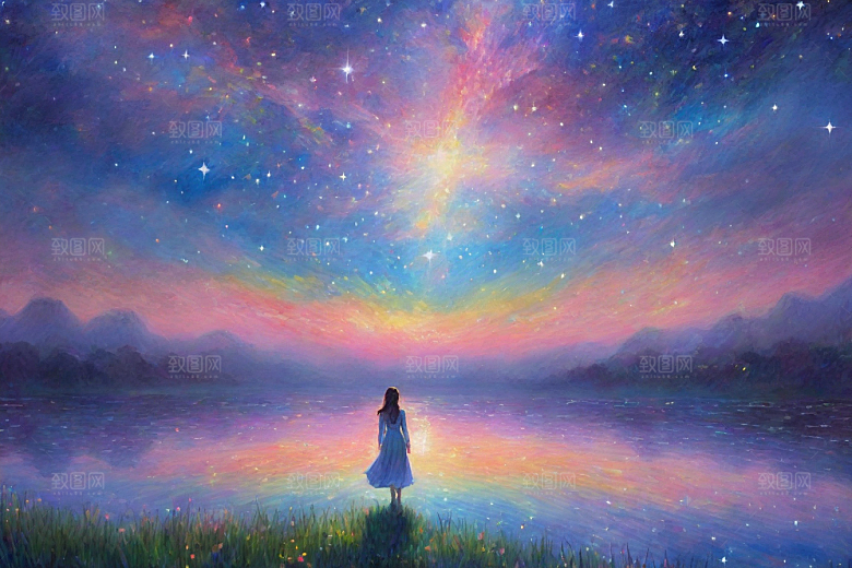 星空女孩的背影梵高风格的星光插画艺术