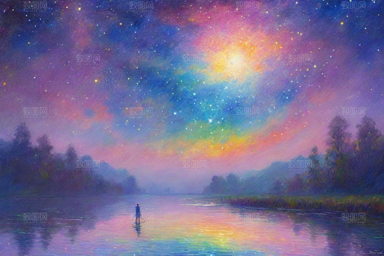 星空女孩的背影梵高风格的星光插画艺术
