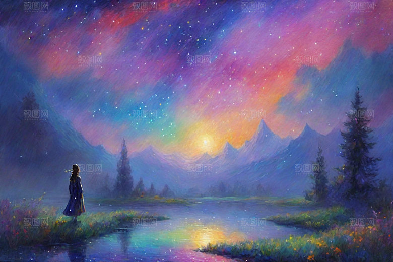 星空女孩的背影梵高风格的星光插画艺术
