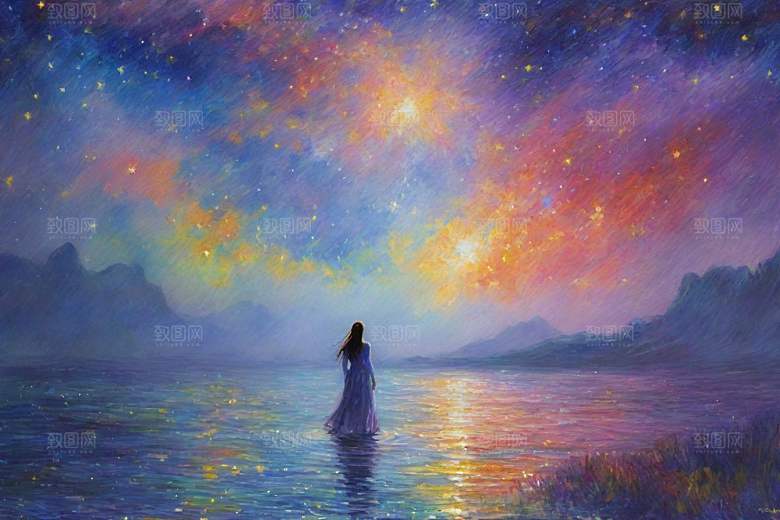 星空女孩的背影梵高风格的星光插画艺术