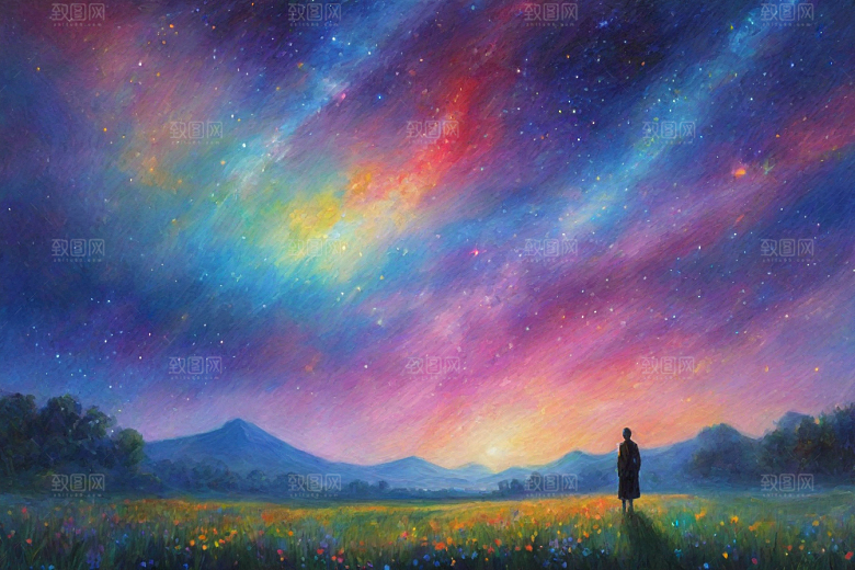 星光闪耀梵高风格的梦幻女孩背影插画