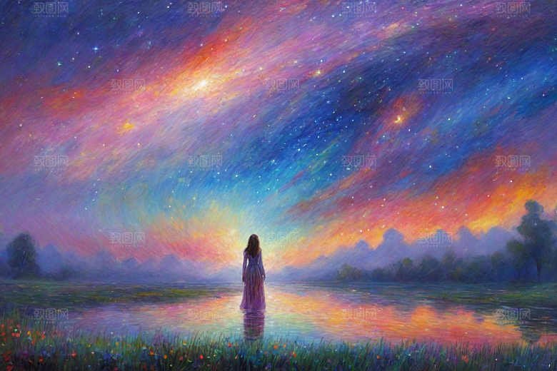 星光闪耀梵高风格的梦幻女孩背影插画
