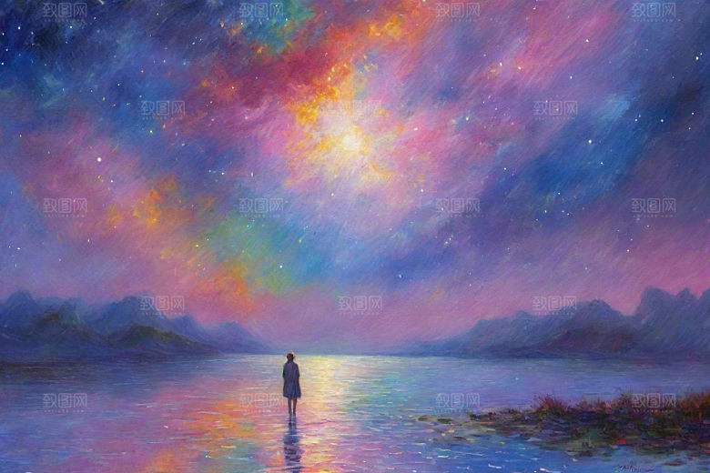 星光闪耀梵高风格的梦幻女孩背影插画