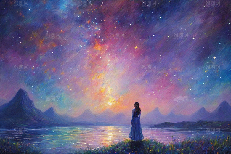 星光闪耀梵高风格的梦幻女孩背影插画