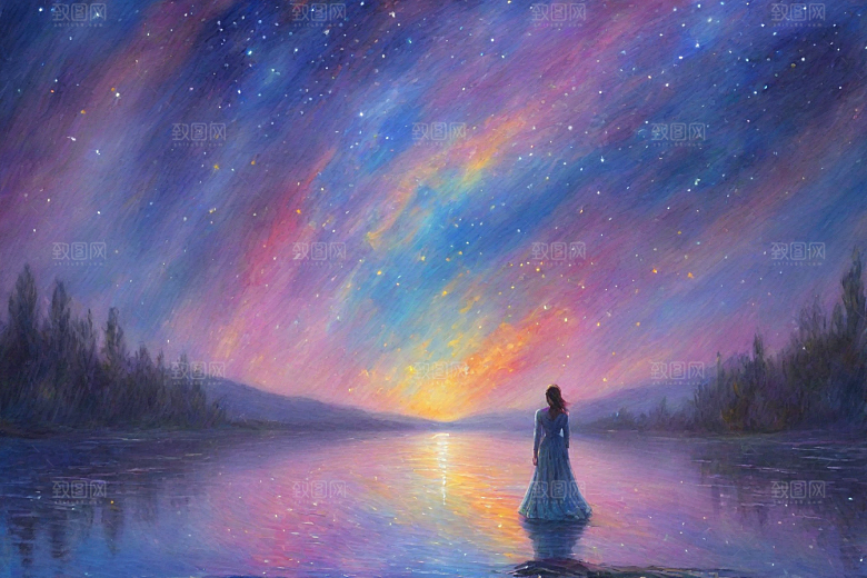 星光闪耀梵高风格的梦幻女孩背影插画