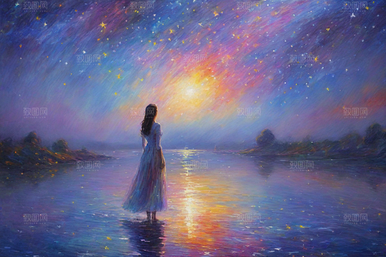 星光闪耀梵高风格的梦幻女孩背影插画