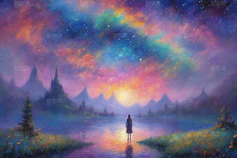星光闪耀梵高风格的梦幻女孩背影插画