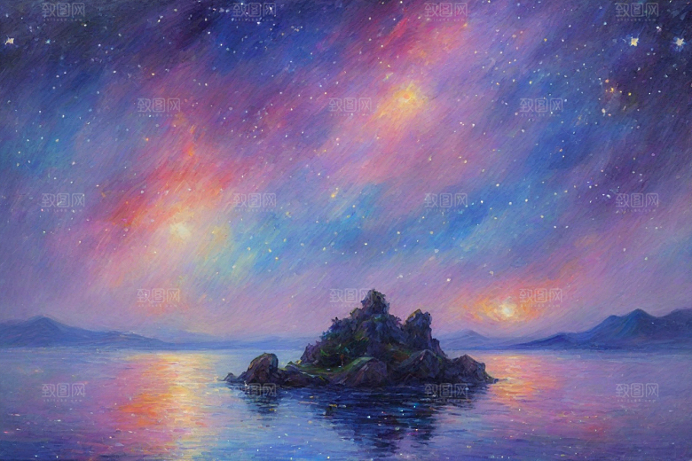 星光闪耀梵高风格的梦幻女孩背影插画