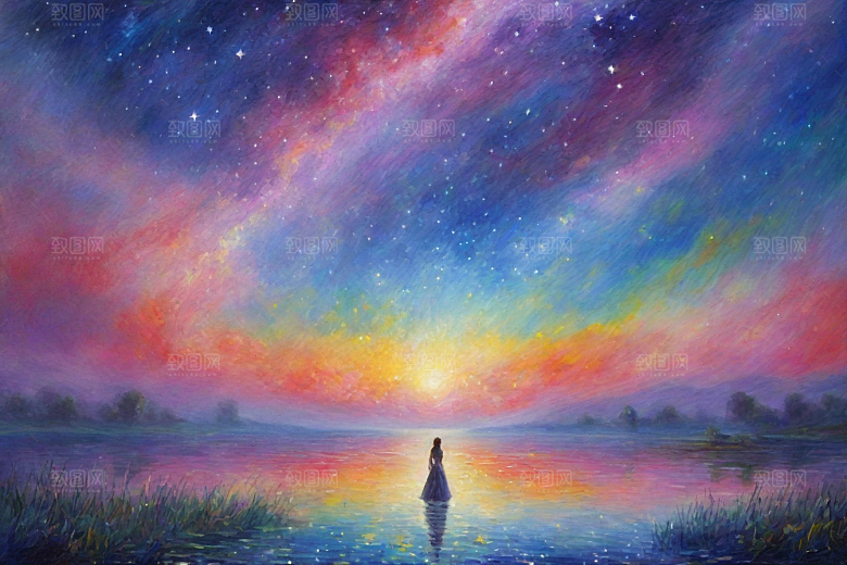 星光闪耀梵高风格的梦幻女孩背影插画