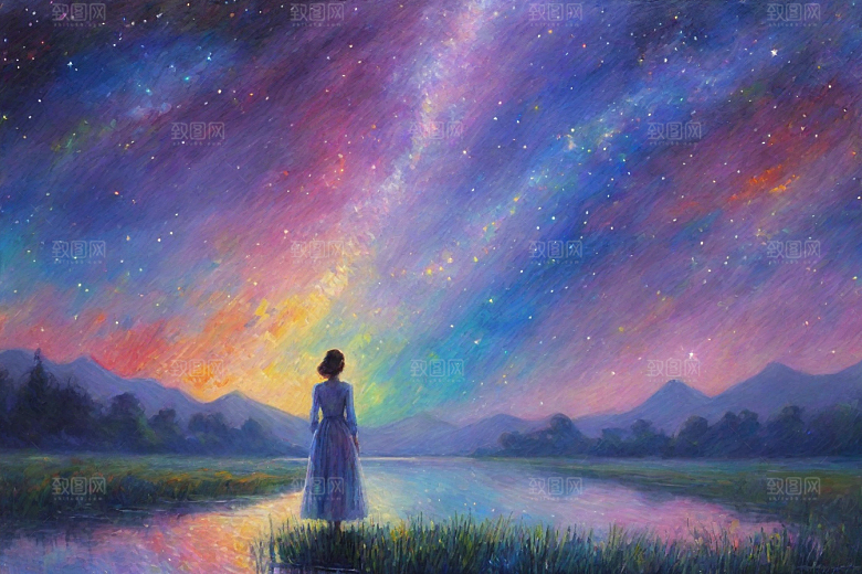 梦幻星空女孩背影的星光插画