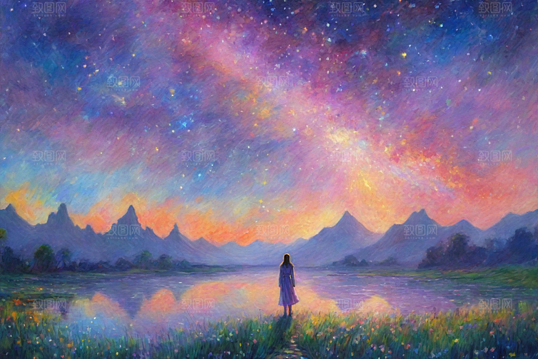 梦幻星空女孩背影的星光插画