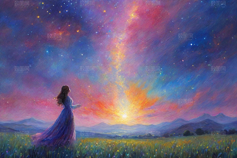 梦幻星空女孩背影的星光插画