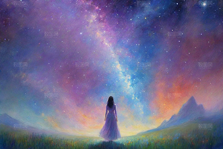 梦幻星空女孩背影的星光插画