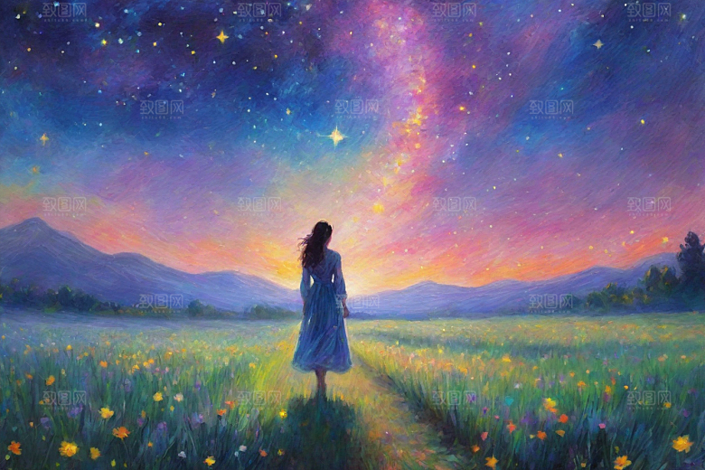 梦幻星空女孩背影的星光插画