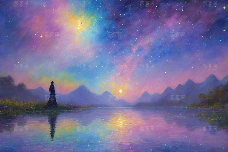 梦幻星空女孩背影的星光插画