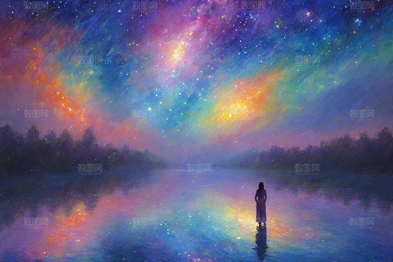梦幻星空女孩背影的星光插画