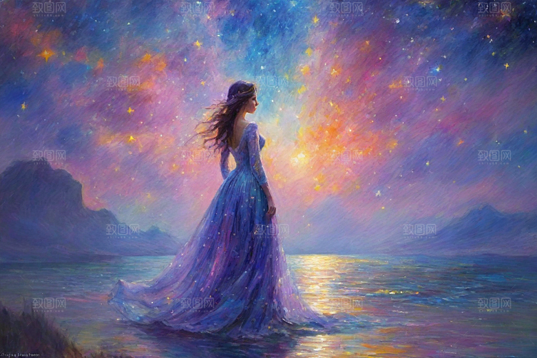 梦幻星空女孩背影的星光插画