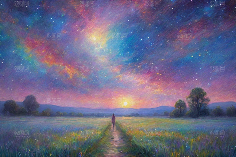 梦幻星空女孩背影的星光插画
