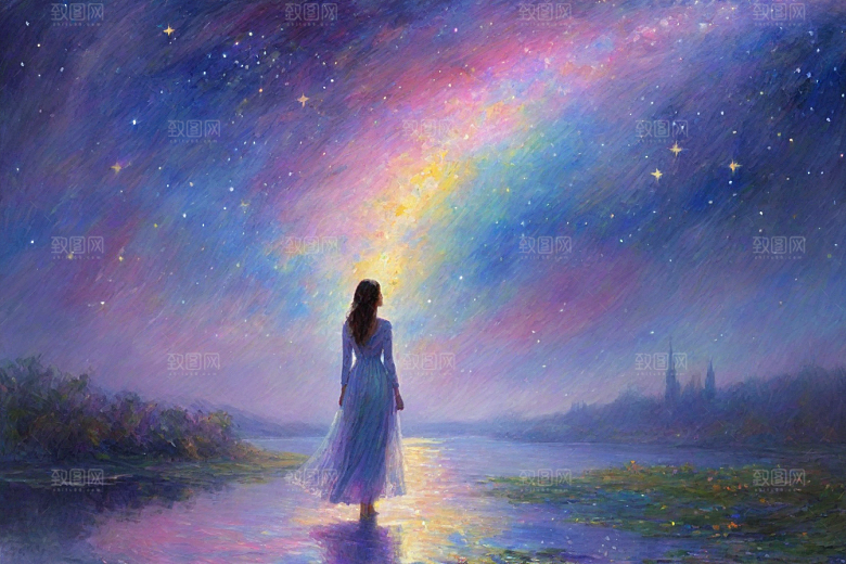 梦幻星空女孩背影的星光插画