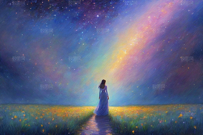 梦幻星空女孩背影的星光插画