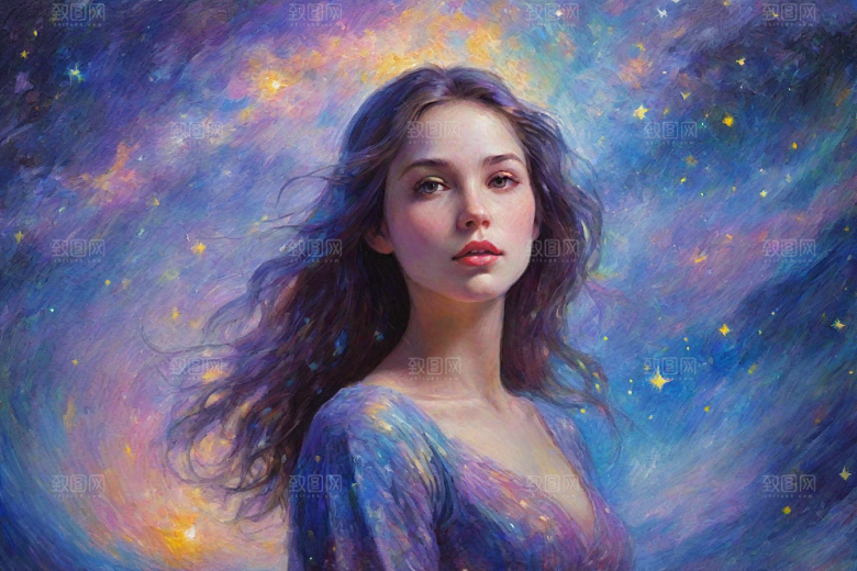 梦幻星空下的女孩背影梵高风格的插画艺术