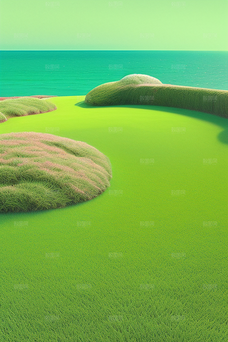 明亮海岸下的卡通绿草之旅