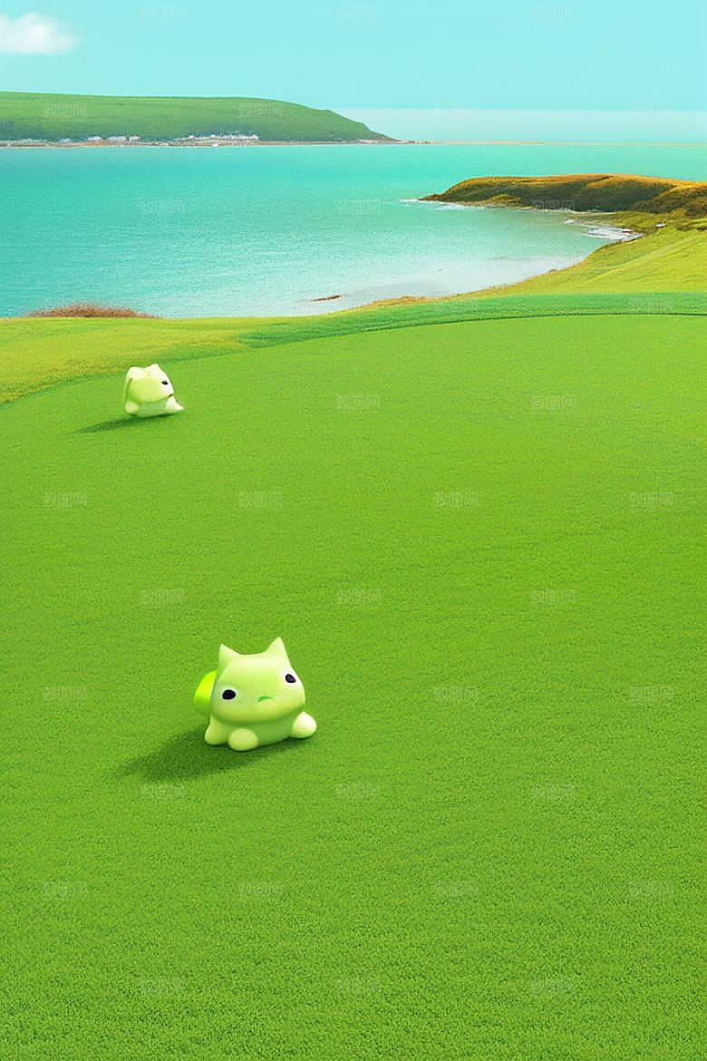 明亮色彩下的绿草海岸瞬间