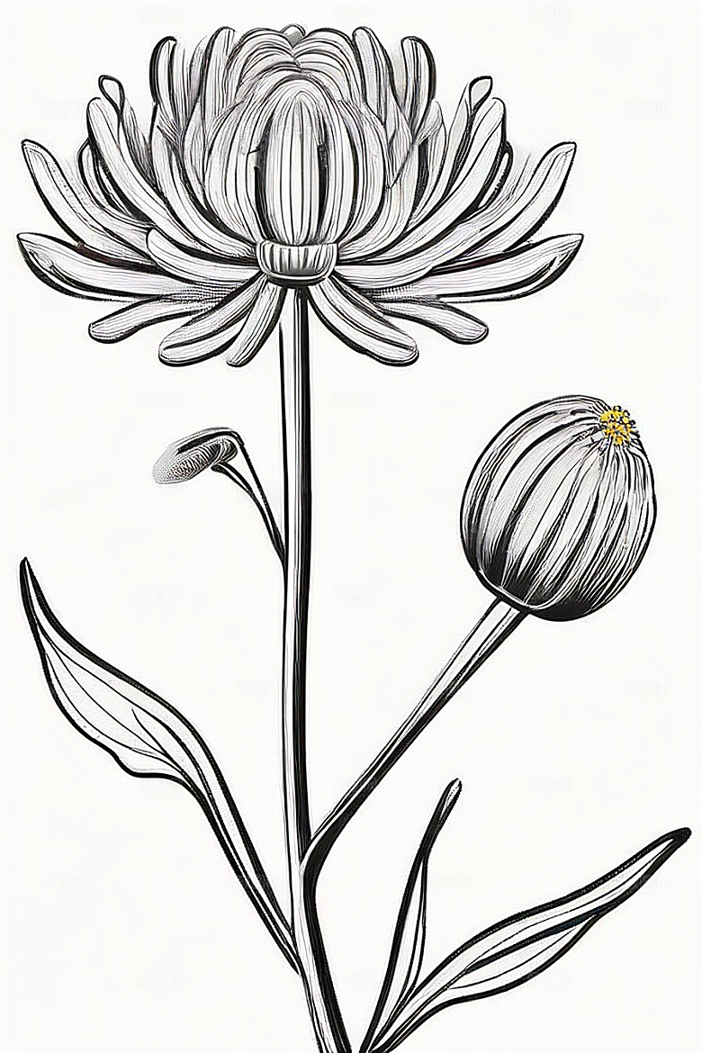 菊花线描艺术作品纯白背景