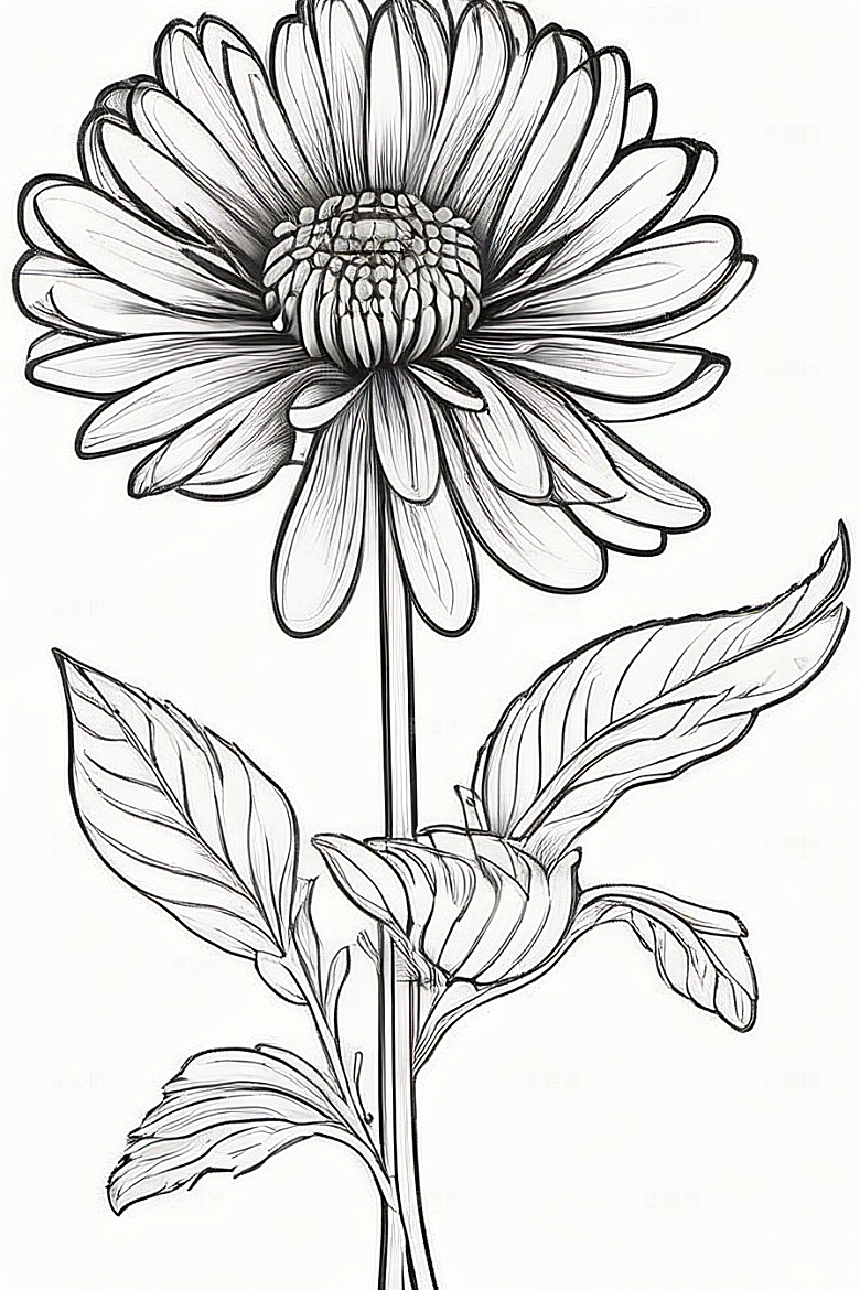 菊花线描艺术作品纯白背景