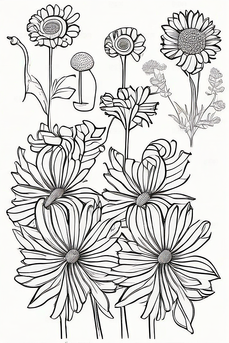 插画艺术纯白背景的孤立菊花